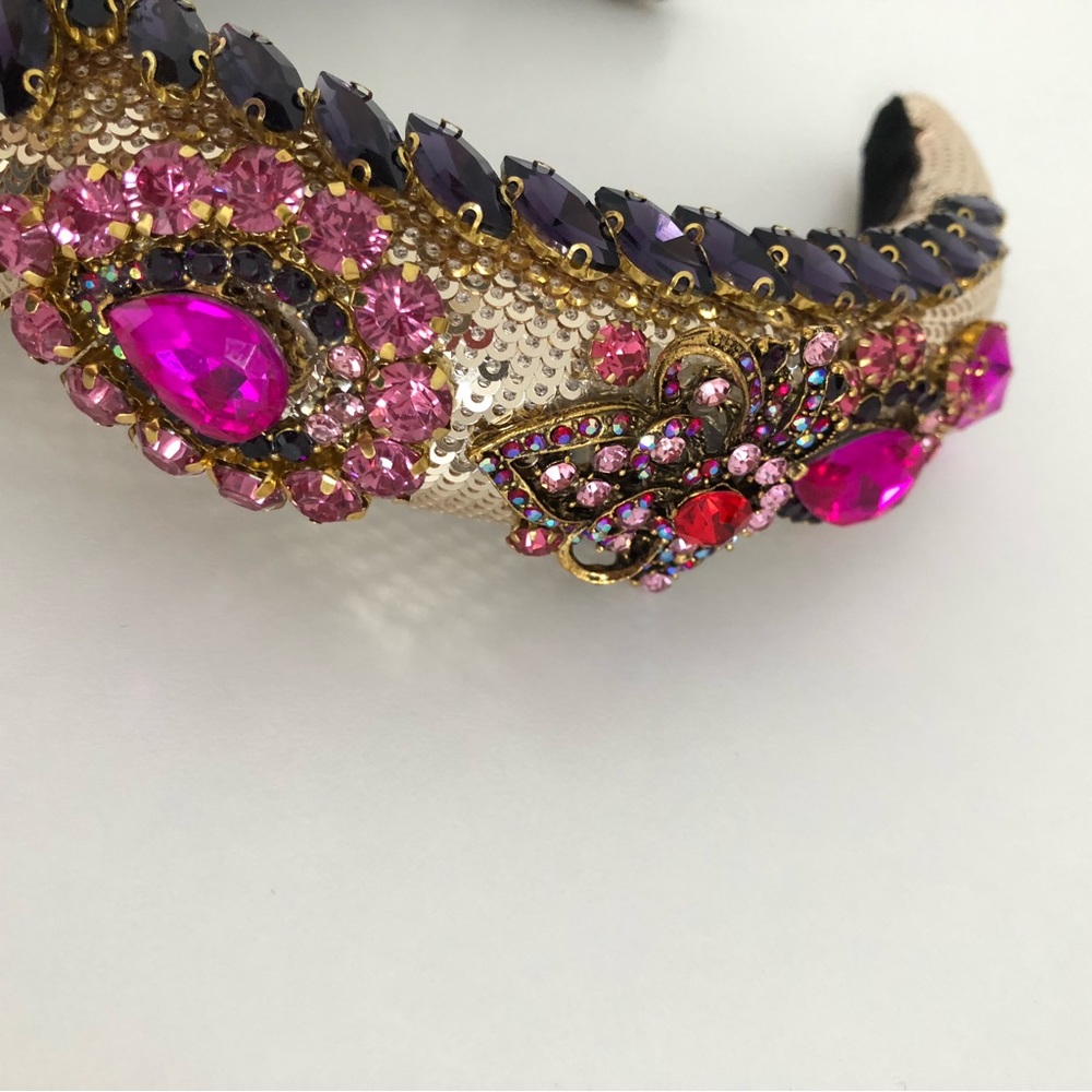 Handmade Hairband Headband Gold Pink Multicoloured Rhinestone Wedding Occasion - Picture 11 of 16